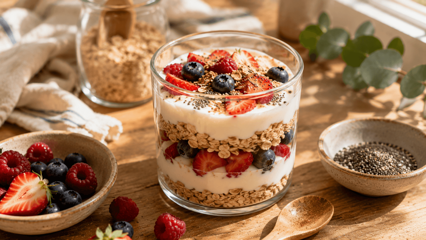 Vaso de yogur con avena dispuesto en capas, frutos rojos y semillas sobre una mesa de madera con luz natural.