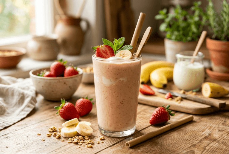 Yoğurt, protein ve lezzetli bir kremsilik katarak çileğin ekşiliğini ve muzun tatlılığını yumuşatır.